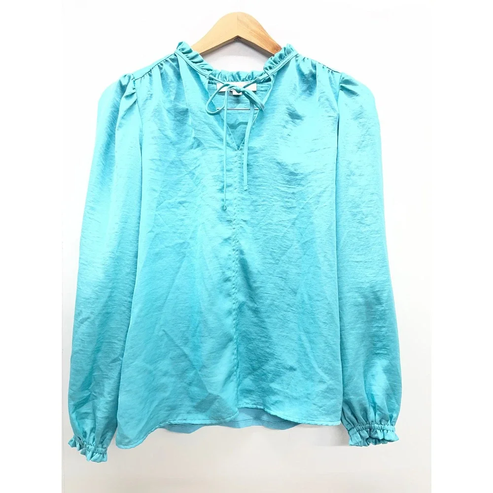 LOFT Womens Turquoise Blue Satin Ruffle Neck Tie Front Puff Sleeve Blouse XS